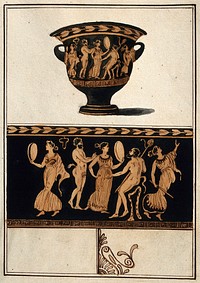 Above, a red-figured Greek wine bowl (krater); below, detail of the decoration showing women dancing with satyrs (during a bacchanal). Watercolour by A. Dahlsteen, 176- .