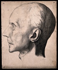 The death mask of Charles Talleyrand, the French statesman. Lithograph, c. 1860, after M. Krantz.