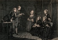 The family of Jean Calas sit listening to Alexandre Lavaysse reading a letter from Calas after his execution. Engraving by J.B. Delafosse, 1765, after L.C. De Carmontelle.