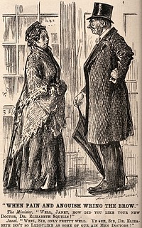 A vicar asking a woman if she likes her new female doctor, the woman retorts that she prefers male doctors and finds them more genteel. Wood engraving after G. Du Maurier.
