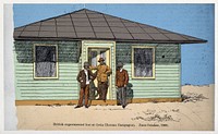 Three researchers outside the British experimental hut set up near Ostia to verify the mosquito-malaria theory. Coloured photograph of a pen drawing by A. Terzi, ca. 1900.