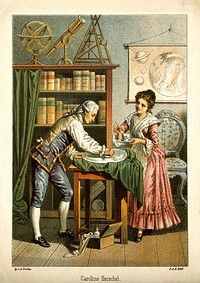 Sir William Herschel and Caroline Herschel. Colour lithograph by A. Diethe, ca. 1896.
