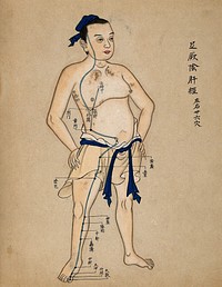 Acupuncture chart with a series of points indicated on the figure of a standing Chinese man. Watercolour, China, 17--.