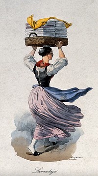 A woman is carrying a large, flat basket of washed and ironed sheets on her head. Coloured lithograph by Gatti and Dura.