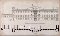 Architectural diagram of the facade and ground plan of Queen Elizabeth's hospital. Reproduction of a drawing after T. Foster & Son.