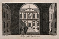 Royal College of Physicians: the courtyard, viewed through the pillars of the entrance, with gentlemen standing about. Engraving by J. Taylor after S. Wale, 1761.