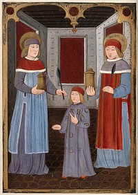 Saint Cosmas and Saint Damian with another figure. Gouache painting.