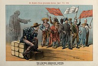 An American man is watching a procession that includes a German anarchist, a Russian nihilist, a Native American, an Englishman etc. Colour lithograph by Tom Merry, 11 April 1891.