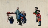 Chinese birth customs: a baby's head is shaved as part of the one month celebration; right, relatives bring a gift of money in a red envelope. Watercolour by a Chinese artist, ca. 1800.