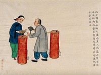 A betel (areca) nut seller, being paid by a woman customer. Watercolour by Zhou Pei Qun, ca. 1890.