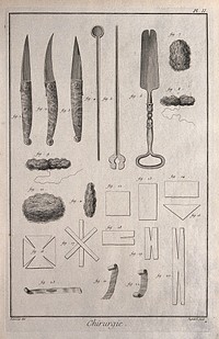 Surgery: an assortment of surgical instruments, including a catheter, a probe and a spatula. Engraving with etching by Defehrt after L.-J. Goussier.