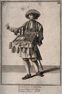 A pedlar with his tray of wares holds up a pair of scissors. Line engraving after M. Laroon, 1711.