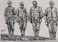 Wormwood Scrubs prison, London: four cooks in prison uniform standing in a line in front of buckets and baskets. Process print after P. Renouard, 1889.