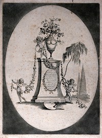 A collection of flowers in ornamental arrangement with garland, urn and cherubs. Etching by J. Edwards, c.1790, after himself.
