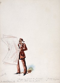 The Panama Canal: Dr Cornelius Herz, having fled to Bournemouth, reads in a newspaper that he is being sought by the police for his part in the mismanagement of the canal's financing. Watercolour drawing by H.S. Robert, ca. 1897.