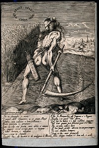 A blindfolded naked man is mowing a field with his scythe; representing the mercilessness of death. Engraving.