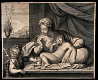 The Virgin Mary telling a young Saint John the Baptist to be quiet as the baby Jesus is sleeping. Engraving by E. Hainzelmann after Annibale Carracci.