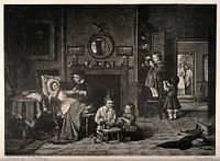 A group of children playing at being doctors and pharmacists, mother and grandmother approach through a door. Photogravure after F. Hardy.