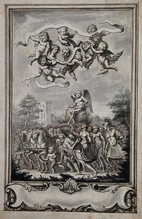 Eros is seated on a chariot drawn by for white horses and surrounded by a crowd; above, putti holding a crown of laurel and the portraits of a man an a woman; rococo frame below the image. Ink drawing, ca. 1740.