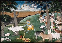 Krishna slaying a demon with the aid of a cow, is watched by several cowherds with Indian deities in the distance. Gouache painting, ca. 1800.