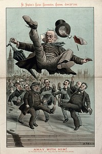 W.E. Gladstone being kicked out by opponents of his Irish Home Rule bill after the failure of the bill on 8 June 1886. Colour lithograph by Tom Merry, 1886.
