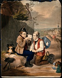 A young post boy is watched by another as he attempts to see what is inside an envelope. Chromolithograph.