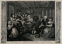 A coffin containing the body of Moll Hackabout surrounded by a parson and other so-called mourners. Engraving after William Hogarth.