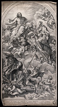 Christ with Saint Ambrose, Saint Mary (the Blessed Virgin), Saint Charles Borromeo, and Saint Thomas the Apostle and angels. Etching by P. Aquila after C. Maratta.