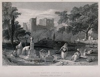 People tending to the graves at a Turkish burying ground at Sidon. Etching with engraving by J. Redaway after W.H. Bartlett, 1842.