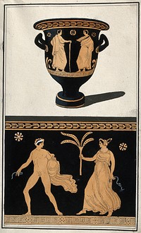 Above, a red-figured Greek wine bowl (krater); below, detail of the decoration showing a naked man and a woman holding a plant. Watercolour by A. Dahlsteen, 176- .