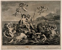 Neptune and Amphitrite sit on a scallop shell chariot amidst the waves, surrounded by nereids and tritons; representing the element water. Engraving by L. Desplaces, 1718, after Louis de Boullogne the younger.