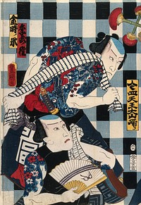 Four actors as ruffians against a check background. Colour woodcut by Kunisada I, 1858.