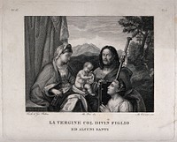 Saint Mary (the Blessed Virgin) with the Christ Child, Saint Catherine of Alexandria  and Saint James the Greater. Engraving by A. Viviani after M. Orsi after the school of G. Bellini.