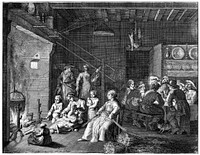 A communal house, the men sit drinking around a table while the women look after the children, weave hay and the older children cook. Engraving by C. Bouzonnet Stella after J. Stella.