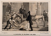 Disposal of dead bodies during the cholera epidemic of 1835 in Palermo. Lithograph by G. Castagnola.
