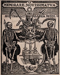 A coat of arms depicting an altar, a coffin and skull and crossbones, is flanked by two figures of death; above, a skull crowned with an hourglass. Woodcut by C. van Sichem.