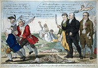 M0005397: Etching of Edward Jenner and two colleagues seeing off three anti-vaccination opponents, 1808