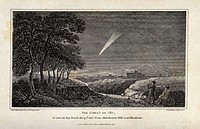 Astronomy: a large, bright, comet in the night sky, being observed by two men. Engraving, 1811.
