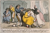 A woman sitting in a chair making gestures of pain while a hair-dresser combs her back hair and a maidservant combs a tress pulled forward over her face: in the left background a man having his hair combed, he too looks pained. Coloured etching after T. Rowlandson, 1807.