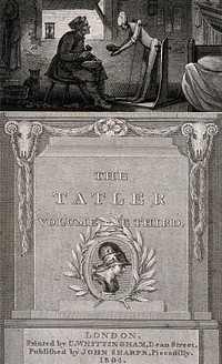A cobbler sits on a stool in front of a wooden jointed figure which he has created in order to give himself respect. Engraving by J. Neagle after H. Singleton.