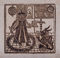 A magician stands in the middle of a circle holding a stick in one hand and a book in the other as he is watched by the devil in the form of a dragon. Woodcut, ca. 1700-1720.
