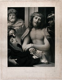 Christ wearing the crown of thorns is presented by Pilate to the Jews. Engraving by G.T. Doo, 1850, after A. Allegri, il Correggio.