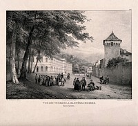 Social gathering with a view of the thermal baths, Bagnéres de Bigorre. Lithograph by J. Jacottet and A. Bayot.