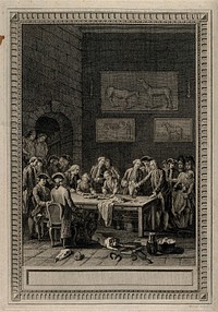 Men with two boys attending a demonstration on the anatomy of the horse. Etching with engraving by Prevost after C.F. Sollier, 17--.