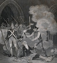 The liberation of a manacled prisoner during the taking of the Bastille on the 14 July 1789. Line engraving with etching.