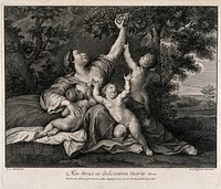 A woman breast feeding a child and plucking a fruit from an abundant tree, two of her other children are also with her. Engraving by J. Frey, 1732, after F. Albani.
