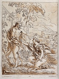The risen Christ asks Mary Magdalene not to touch him. Etching with aquatint by G.B. Cipriani after A.D. Gabbiani.