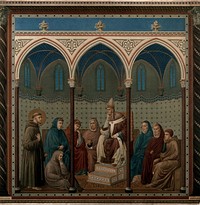 Saint Francis preaching before Pope Honorius III. Chromolithograph after Giotto.