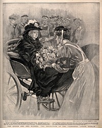 Boer War: Queen Victoria being presented with flowers by a Victoria Jubilee Nurse at the Viceregal Lodge, Dublin. Halftone, c. 1900, after W. Hatherell after W. C. Mills.