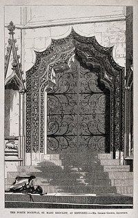 Architecture: a restored carved doorway at St. Mary Redcliffe, Bristol. Wood engraving by W. E. Hodgkin, 1853, after G. Godwin.